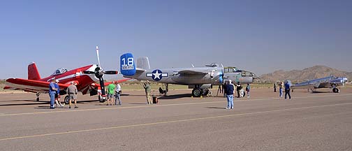 Goodyear F2G-1 Corsair NX5588N Race 57, North American B-25J Mitchell Maid in the Shade N125AZ, and Beech model D18S N5804C, Cactus Fly-in, March 2, 2012